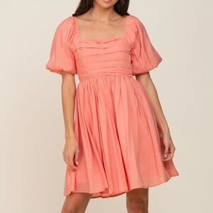 Salmon Square Neck Puff Short Sleeve Dress